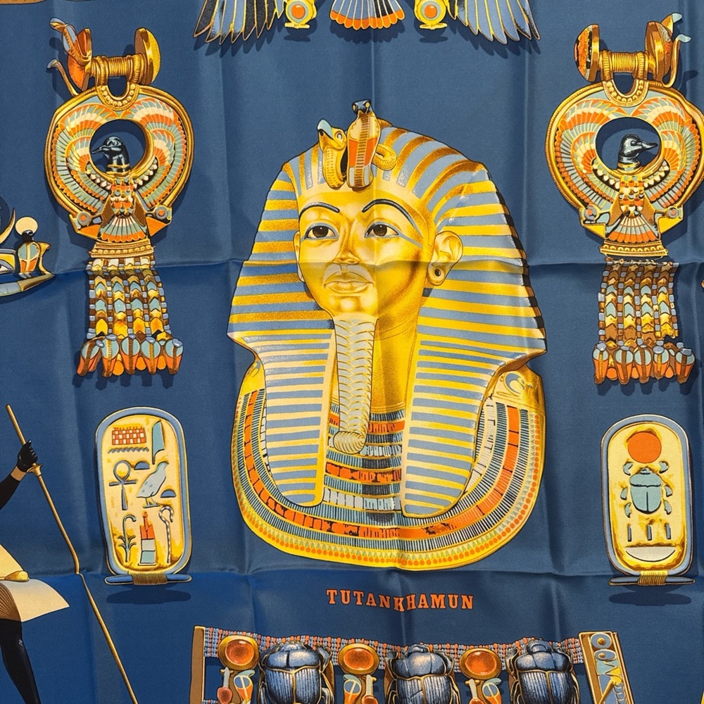 Vintage Hermes Egyptian Tutankhamun Silk-Style Scarf in Blue and Gold - Picture 3 of 9